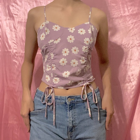 Y2K Floral Purple Tied Crop Top - Picture 1 of 4